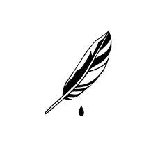 Elegant Black and White Feather Quill Pen Ink Drop Illustration - Minimalist Design