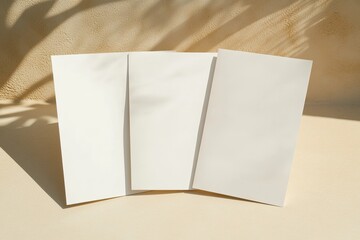 angled shot of blank trifold brochures placed in diagonal line on soft beige surface under warm lighting