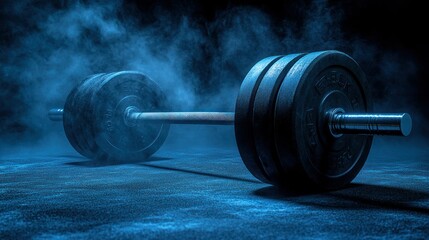 Fototapeta na wymiar Smoky gym barbell, weightlifting, fitness, dark background