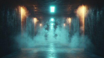 Obraz premium Smoky Corridor, Neon Lights, Futuristic Setting, Game Background