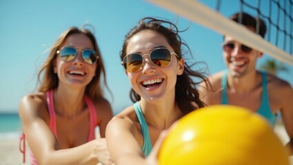 Woman is playing volleyball with her friends on beach