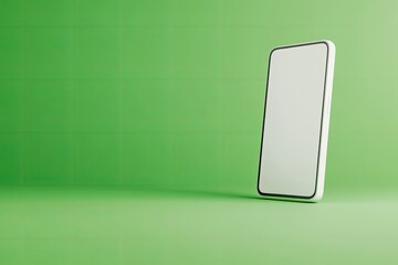 mockup blank white 3d smartphone propped at slight angle with clear green screen under soft lighting