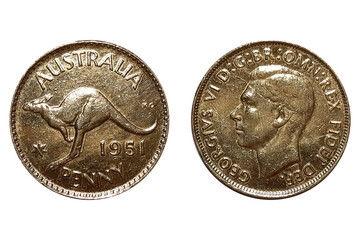 1 penny coin 1951. Coin of Australia. Coin 1 penny 1951 Obverse and Reverse on white background. Portrait of King George VI facing left