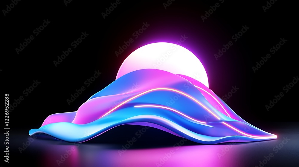 Poster abstract 3d rendering of glowing neon waves and a bright sphere