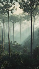 Fototapeta premium A distant view of a foggy forest with tall, towering trees and a soft mist