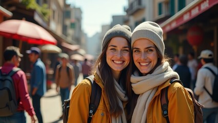 Two women are smiling for camera while walking down street