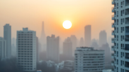 Fototapeta premium Polluted skyline at sunset urban cityscape environmental photography hazy atmosphere elevated perspective light pollution awareness