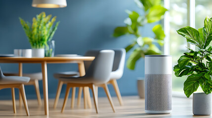 Fototapeta premium Enhancing air quality modern air purifier in a contemporary dining room interior design bright atmosphere clean living home improvement