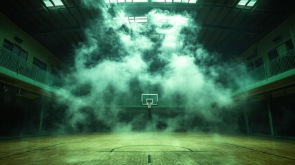 Smoky Indoor Basketball Court, Dramatic Lighting