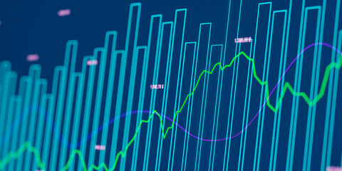 Close-up bar graph, charts, market data and lines. Progress, wealth, growth, investment, business, trading concept.