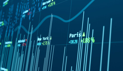 Close-up screen with stock market data, lines, chart, bar graph.