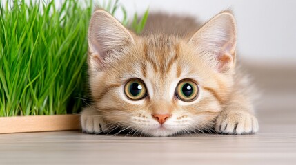 Adorable playful kitten peeking from behind green grass indoors
