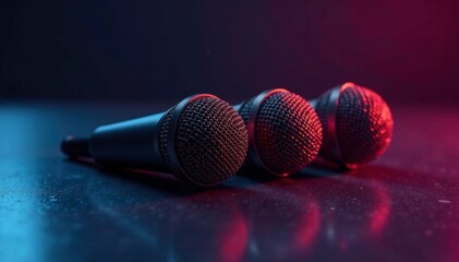 Obraz premium Shiny microphones on a dark floor with shadows, dark reflection, shiny microphones, shiny objects