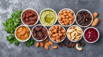 Obraz premium A vibrant assortment of nuts, dried fruits, and dips arranged in bowls, garnished with fresh herbs, showcasing a healthy snack spread.