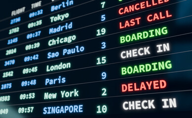 Flight information, arrival and departure board. Flights check in, baording, last call, gate closed. Airport, tourism, business, device screen, travel destianation. 3D illustration