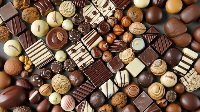 Chocolate sweets. Chocolate candy assortment. Abundance. Top view, flat lay. Mix of chocolate candies, assorted luxury chocolate backgrounds. Dark sweet food backdrop, gift idea, greeting card banner