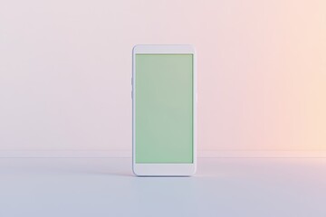 mockup blank white 3d smartphone standing upright in center of white background green screen visible