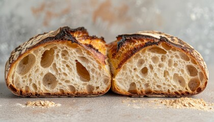 Primo piano di una pagnotta di pane appena sfornata, rotta a metà. Un'atmosfera che evoca la freschezza e la genuinità del pane artigianale fatto in casa
