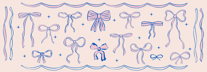 Vector set of bows and ribbons. Hand drawn bow knots for greeting cards, gifts, posters, banners, invitations and party backgrounds.