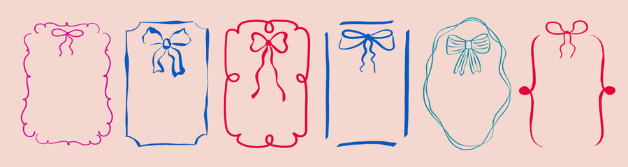 Set of frames with bows and ribbons. Hand drawn vintage illustration for greeting cards, gifts, posters, banners, invitations and party backgrounds.