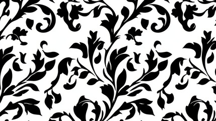 Black and white arabesque design with scrolls and leaves in a bold motif arranged in a seamless background pattern in square format