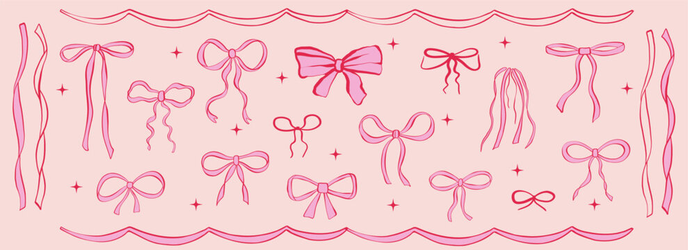 Vector set of bows and ribbons. Hand drawn bow knots for greeting cards, gifts, posters, banners, invitations and party backgrounds.