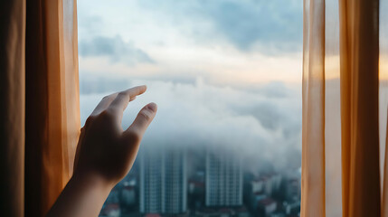 Fototapeta premium Opening a window for fresh air and new perspectives high-rise building photography urban environment close-up view refreshing concept