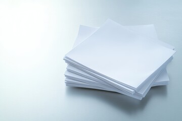 sharp high-resolution view of blank brochures folded and stacked neatly on glossy metallic surface under direct lighting