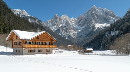 Snowy chalet, mountain valley winter scene, postcard