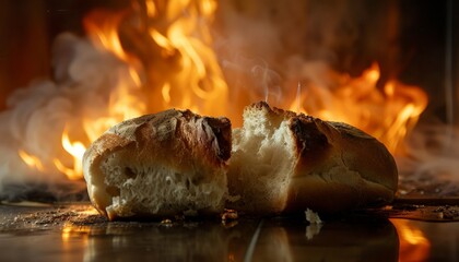 Primo piano di una pagnotta di pane appena sfornata, rotta a metà. Un'atmosfera che evoca la freschezza e la genuinità del pane artigianale fatto in casa