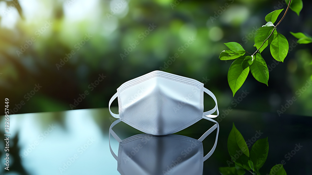 Poster reflective white minimalist mask displayed on a serene nature background capturing the essence of sa