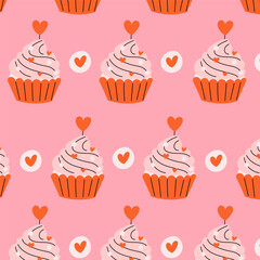 Pattern with muffin, cupcake with hearts. Cute girly vector illustration. 