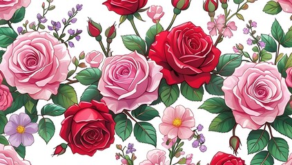 Red and pink rose flowers background. Floral pattern background for decoration. Pretty painted flowers seamless background