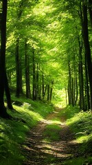 Obraz premium A quiet mountain trail leading through a forest of tall, green trees