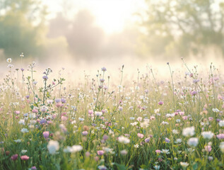 Obraz premium spring meadow with morning mist and swaying wildflowers