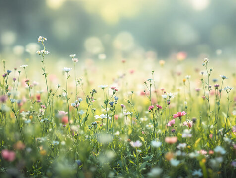 Fototapeta Spring meadow with wildflowers and morning mist