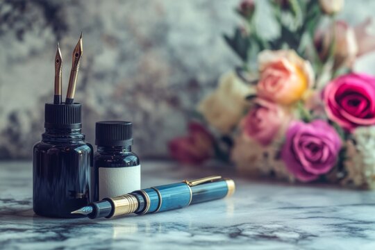 Elegant Calligraphy Setup on Marble Desk