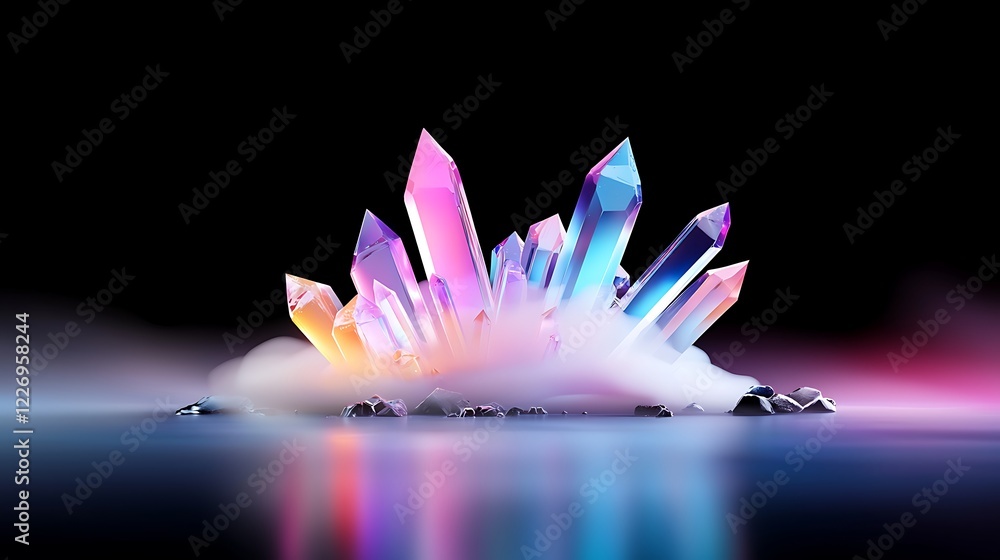 Poster luminous crystal cluster in a mystical setting