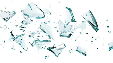 Shattered Glass Pieces Flying Through Air Creating Dynamic Visual Impact Against a White Background