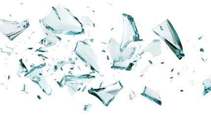 Shattered Glass Pieces Flying Through Air Creating Dynamic Visual Impact Against a White Background