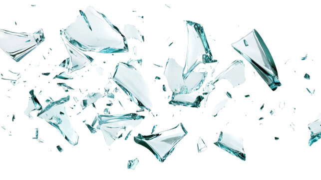Shattered Glass Pieces Flying Through Air Creating Dynamic Visual Impact Against a White Background