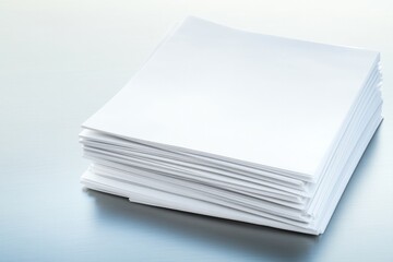 sharp high-resolution view of blank brochures folded and stacked neatly on glossy metallic surface under direct lighting
