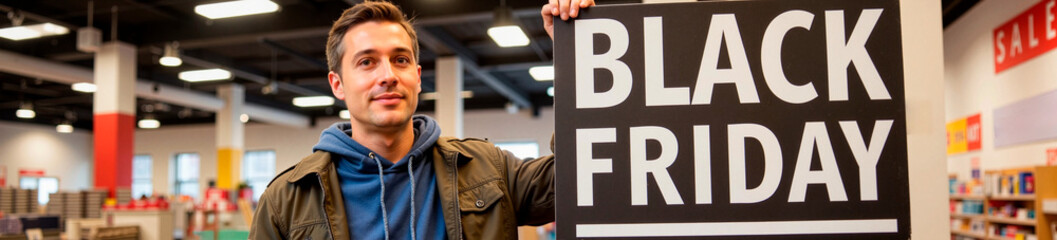 Fototapeta premium Customer holding Black Friday sale sign in store, shopping excitement