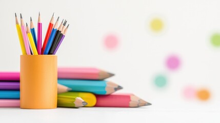 Fototapeta premium Colorful pencils in holder, stationery, school supplies, blurred background, education