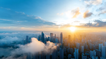 Obraz premium Urban pollution challenge dense cityscape at sunrise environmental impact urban area atmospheric conditions aerial view sustainability awareness