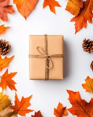 Autumn-themed gift box surrounded by colorful leaves