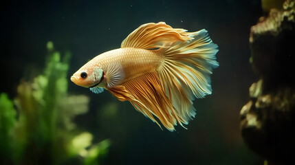 Colored betta fish, in aquarium, on black background.  AI generated images.	