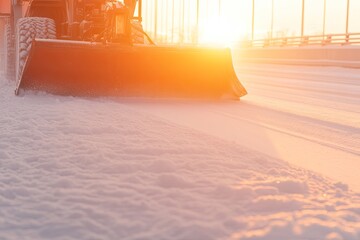 close-up of snow removal vehicle with front plow attachment clearing snow on bridge during sunset
