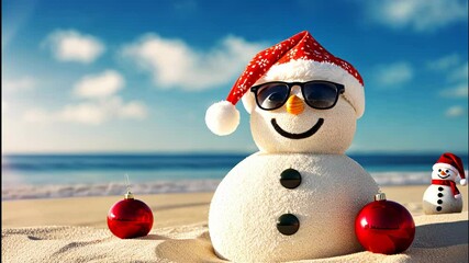 A cheerful snowman wearing sunglasses and a Santa hat relaxes on a sunny beach surrounded by holiday ornaments