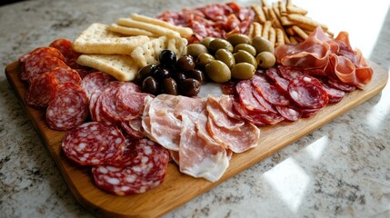 Obraz premium A charcuterie board featuring salami, ham, and prosciutto with olives and breadsticks.